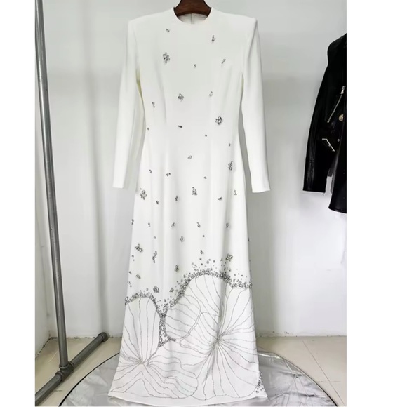 Elegant White and Silver Embellished Dress by OUDINA - Picture 1 of 10